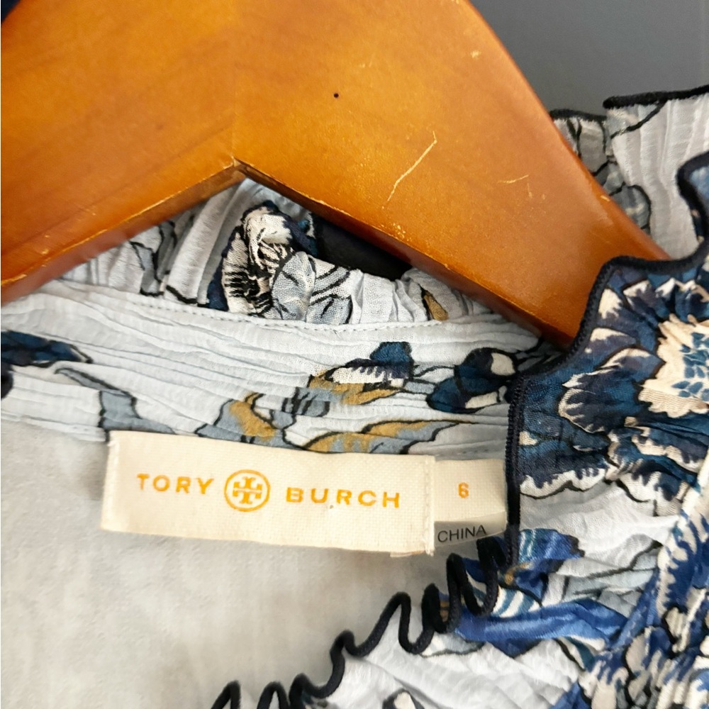 Tory Burch Blue and White Paisley Tie-Waist Mini Dress - Picture 10 of 12